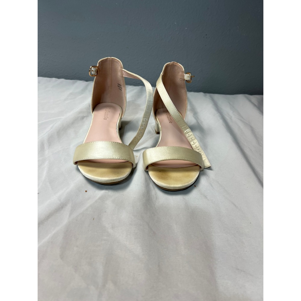 Dufannie Cream Satin Block Heel Sandals Ankle Strap Open Toe Formal Shoes Size 4